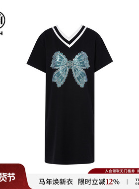 TCH轻奢时尚潮牌烫钻宽松显瘦V领蝴蝶结黑色连衣裙女T75A30E1025