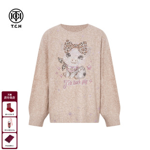 TCH豹纹蝴蝶结萌猪烫钻100%绵羊毛针织衫 T75D09E1279 女2025秋冬款