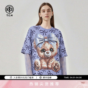 TCH甜酷少女风宽松烫钻小熊蝴蝶结拼接蕾丝袖 T恤女T78B106012 长袖