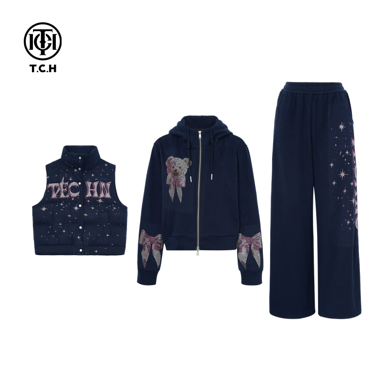 TCH私服氛围感烫钻时尚上衣马甲休闲裤套装25秋冬新款T75D07E1003