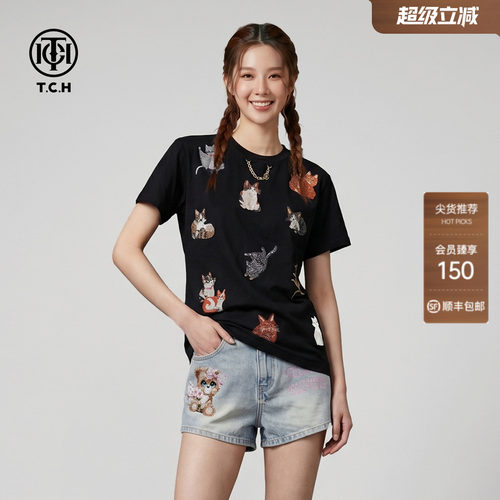 TCH潮牌烫钻卡通黑色短袖T恤