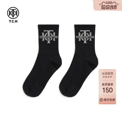 TCH轻奢LOGO烫钻烫钻工艺时尚休闲百搭中筒袜子女T78B55E5001