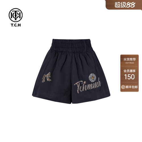 TCH烫钻百搭松紧腰宽松显瘦休闲短裤女2026夏季新款T78B21E1010