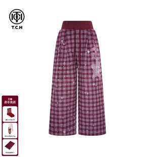T75D20E1237 新款 TCH慵懒风百搭红色格子阔腿宽松休闲裤 女2025冬季
