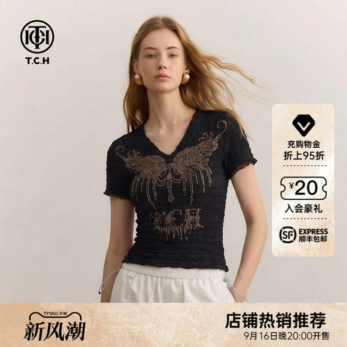 TCH烫钻翅膀V领修身短袖T恤
