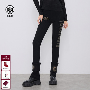 T75C23E5001 新款 TCH私服烫钻百搭修身 显瘦黑色针织打底裤