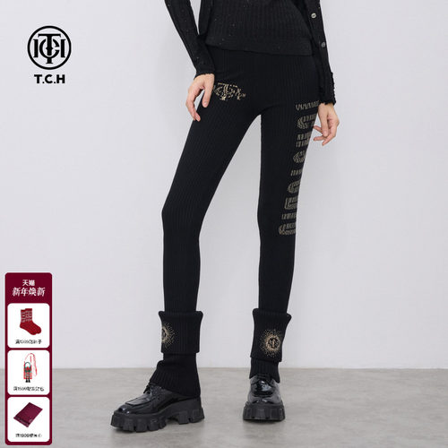 TCH私服烫钻百搭修身显瘦黑色针织打底裤新款T75C23E5001