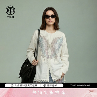 新款 设计感蕾丝拼接上衣女T78A13E1047 女2026春季 TCH烫钻翅膀衬衫