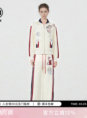 TCH美式街头撞色条纹烫钻立领短外套阔腿裤休闲套装女T78A07E1102