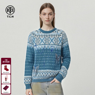 TCH秋冬复古休闲风提花烫钻日常通勤百搭圆领针织衫 女T75D09E1313