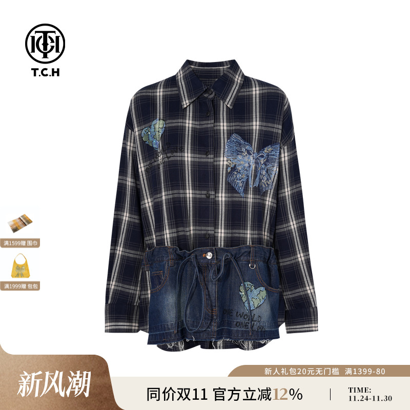 TCH私服烫钻潮牌街头宽松百搭格子牛仔拼接衬衫外套女T75C13E1027