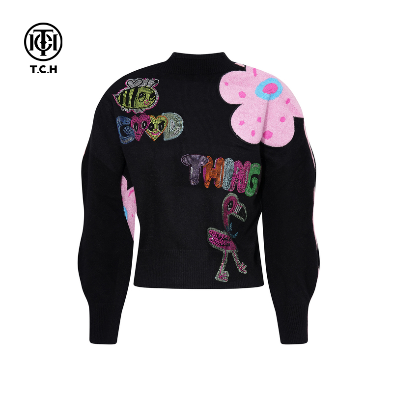 TCH2025秋冬新款时尚烫钻套头波浪袖针织衫黑色毛衣女T75D09E1125