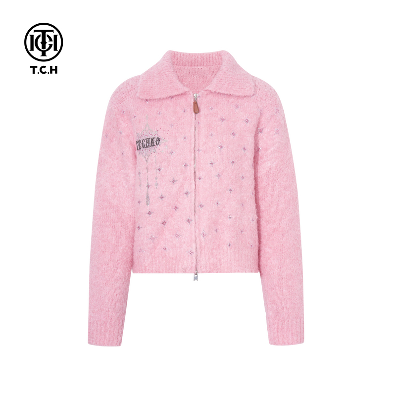 TCH私服烫钻时尚淑女粉色翻领毛毛外套女2025冬季新款T75D27E1042