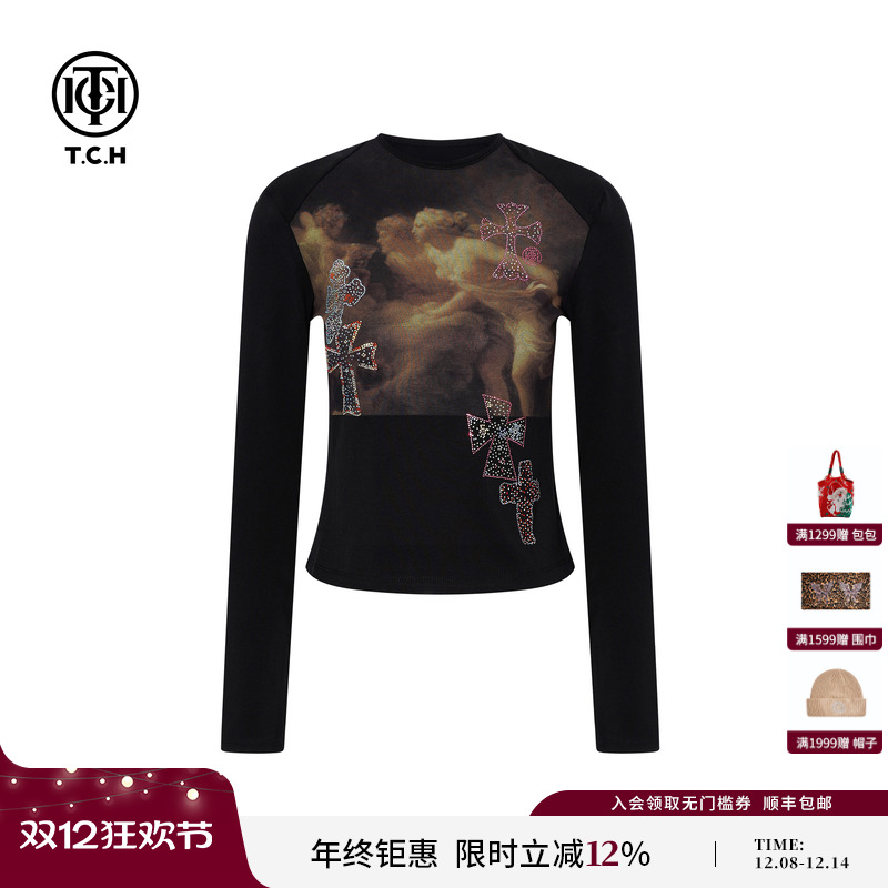 TCH复古油画烫钻设计感黑色修身打底衫女2025秋冬新款T75D02E1021