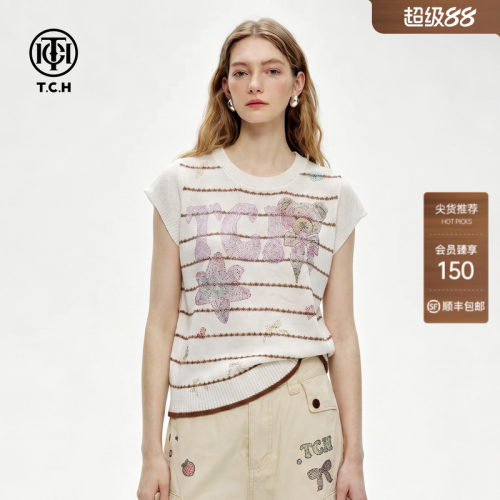 TCH小熊条纹烫钻短袖T恤女