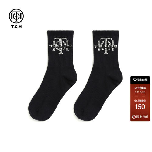 TCH轻奢LOGO烫钻烫钻工艺时尚休闲百搭中筒袜子女T72C55E5006