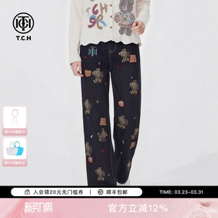 TCH2026春夏新款 女T78A20E1133 潮牌小熊烫钻深蓝色宽松直筒牛仔裤