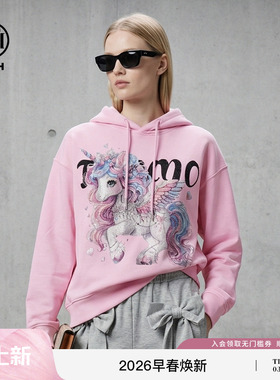 TCH潮牌百搭宽松烫钻独角兽粉色减龄连帽加绒卫衣女T78A126096