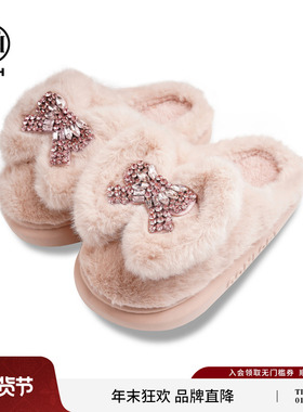 TCH潮牌蝴蝶结棉拖鞋女2025秋冬新款毛绒保暖拖鞋女T75D68E1028