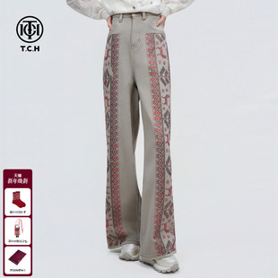 TCH圣诞树小鹿烫钻过新年款 女T75D20E5030 加绒直筒显瘦阔腿牛仔裤