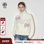 TCH 女78A43E1053 立领宽松烫钻蝴蝶结字母针织开衫 含兔毛 春款