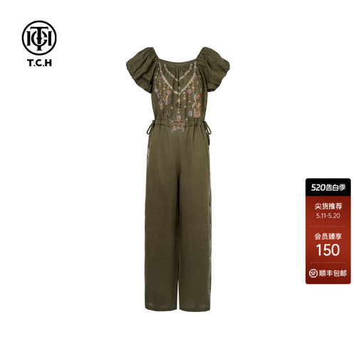 TCH烫钻亚麻泡泡袖时尚气质百搭休闲连体裤女夏季T75B20E5162