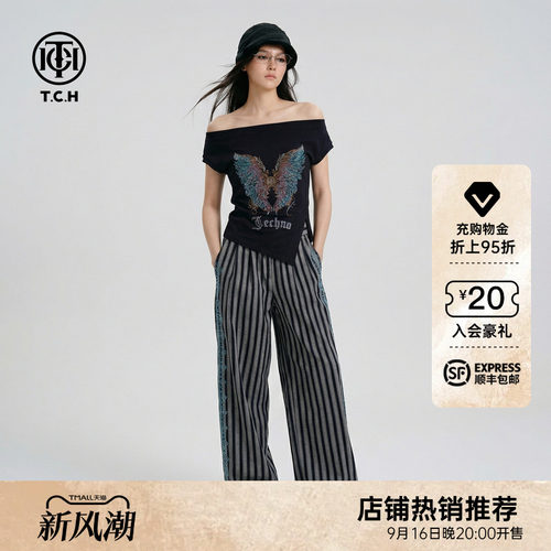 TCH烫钻翅膀一字肩T恤阔腿套装女