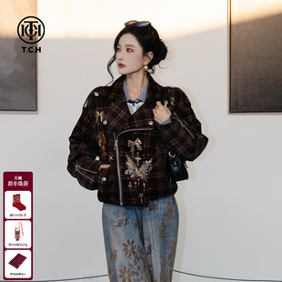 TCH私服烫钻时尚 T75C27E1035 气质显瘦格子夹克外套女2025秋冬新款
