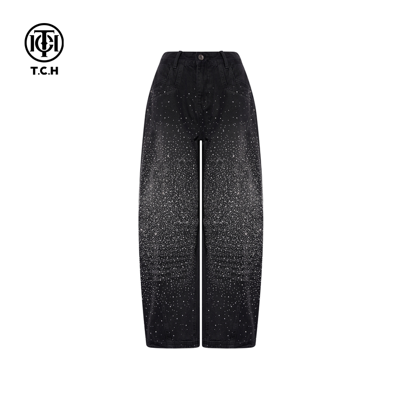 TCH百搭时尚满天星烫钻弯刀阔腿牛仔裤女2025冬季新款T75D20E1138