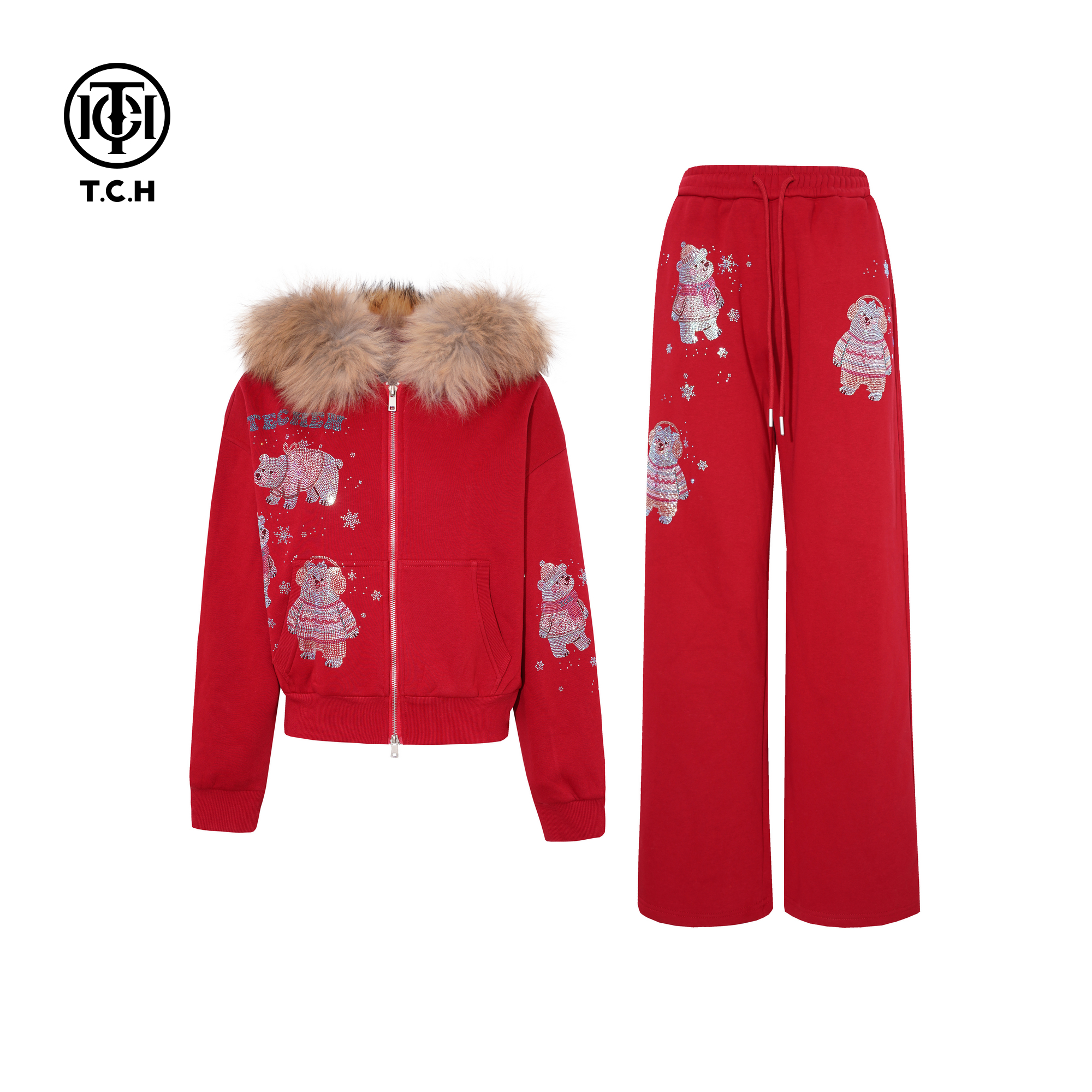 TCH秋冬百搭时尚烫钻毛领连帽开衫外套休闲裤红色套装T75D07E5022