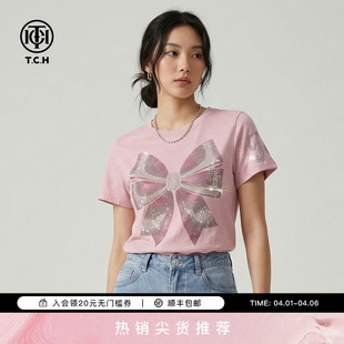 TCH2026春新款 T恤女T78A10E1027 烫钻蝴蝶结甜美减龄圆领粉色短袖