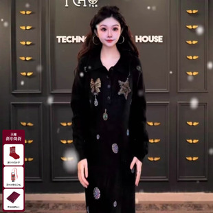 连衣裙女T75D30E1038 烫钻针织长袖 TCH轻奢时尚 气质百搭秋冬新款