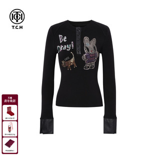 显瘦短上衣T75D08E1002 修身 TCH私服烫钻黑色长袖 T恤女25秋冬新款