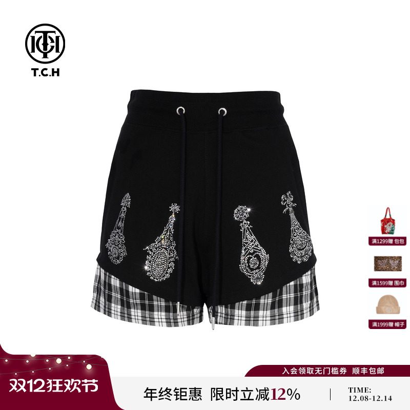 TCH私服烫钻时尚格纹拼接设计感百搭时髦辣妹短裤女T75C21B1010
