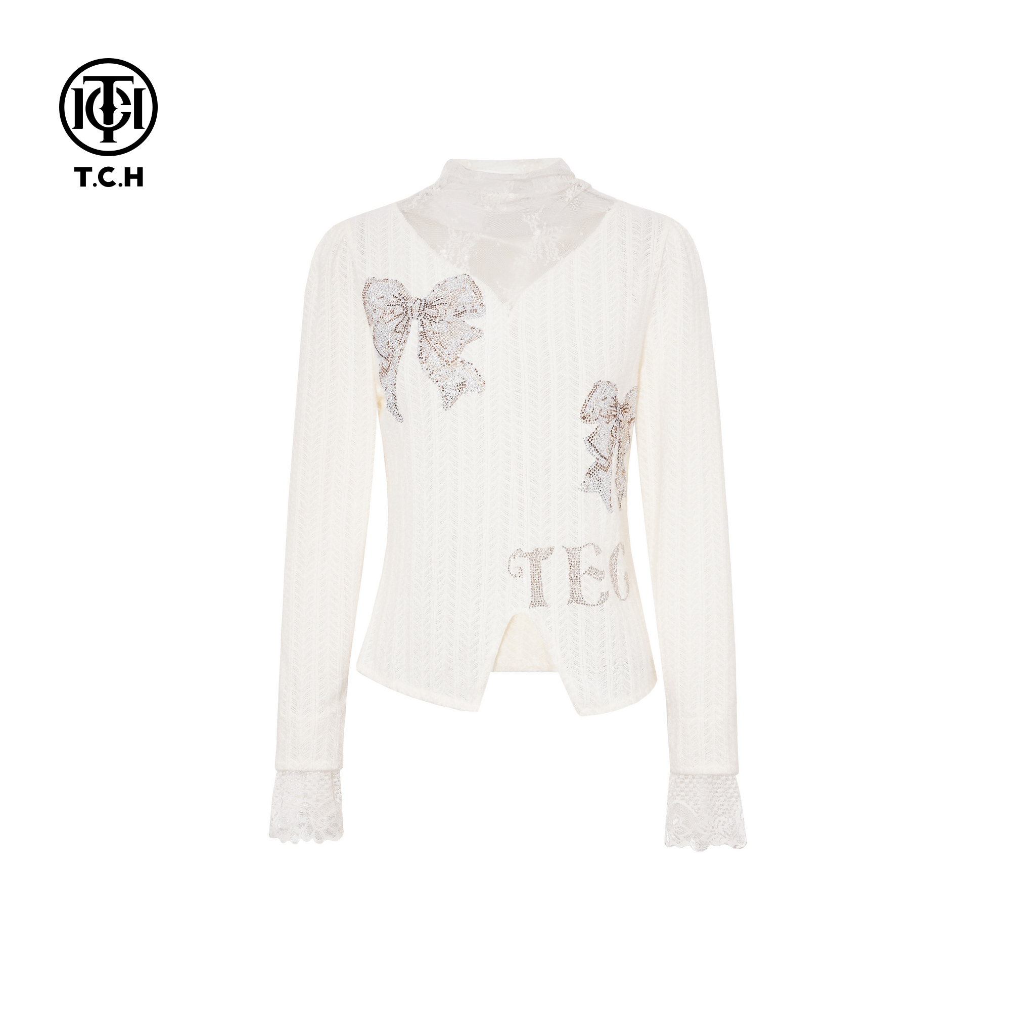 TCH2025秋冬新款时尚洋气针织衫烫钻蕾丝内搭打底衫女T75D02E1017