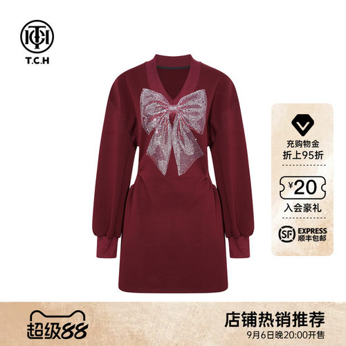 TCH潮牌蝴蝶结烫钻红色气质V领加厚连衣裙女2025冬款T75D30E1022