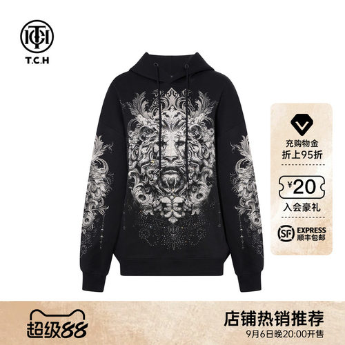 TCH潮酷风重工烫钻黑色宽松连帽卫衣2026早秋新款T78A12026002