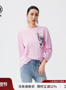 TCH烫钻休闲长袖T恤女圆领百搭宽松上衣男新款T72C086010