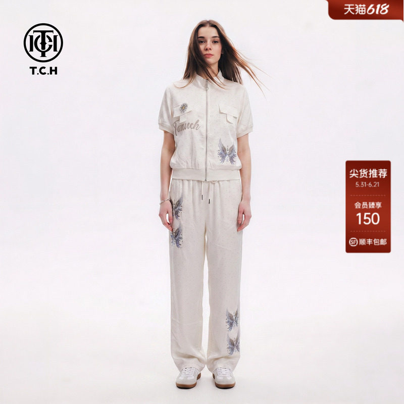 TCH满天星烫钻休闲米色减龄套装女立领短袖拉链上衣阔腿裤两件套
