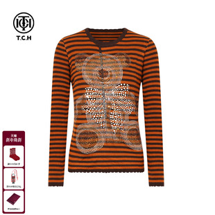 条纹针织衫 简约烫钻修身 打底上衣女T75D09E1143 新款 TCH2025冬季
