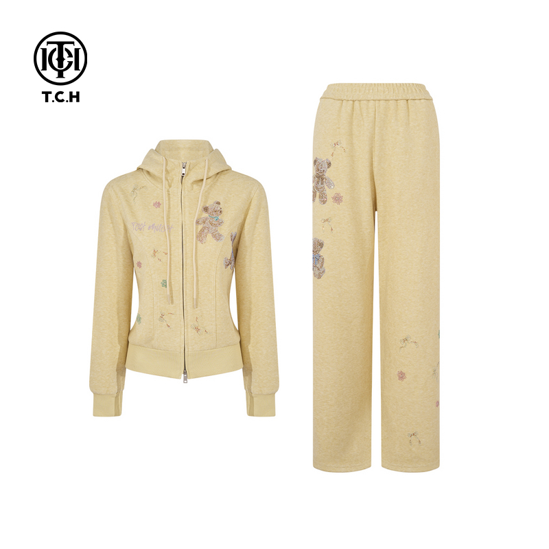 TCH私服烫钻25秋冬新款时尚百搭黄色外套休闲裤套装女T75C07E1108