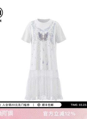TCH烫钻翅膀网纱拼接白色T恤连衣裙女减龄气质仙女裙T78B30E1001