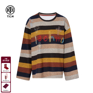 TCH2025秋冬新款 烫钻彩色条纹宽松休闲套头卫衣女T75D11E1010 时尚