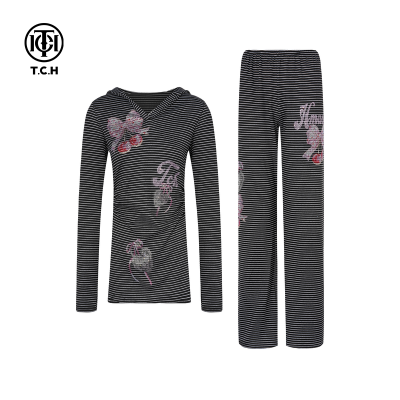 TCH私服烫钻收腰显瘦连帽长袖T恤直筒休闲裤条纹套装T75C07E1012