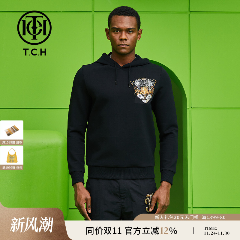 TCH潮牌帽衫烫钻老虎头黑色