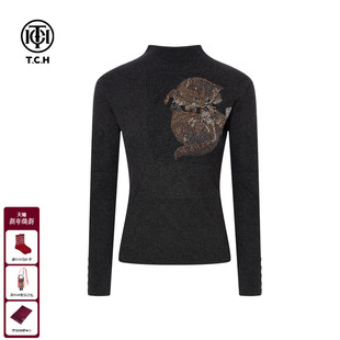 针织衫 TCH2025冬季 烫钻半高领内搭修身 时尚 上衣女T75D09E1136 新款