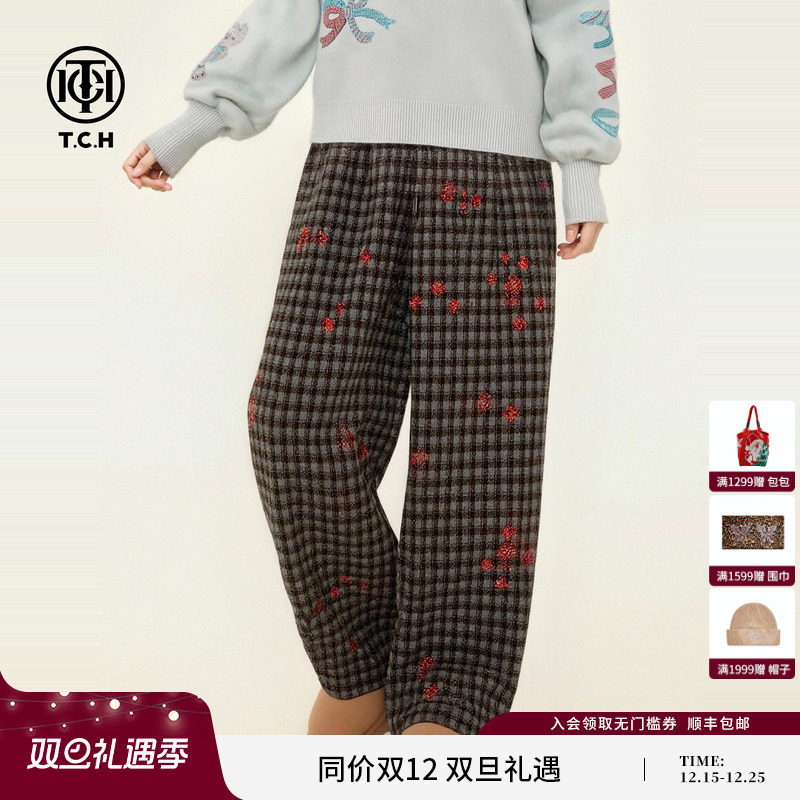 TCH复古温柔风雪花烫钻咖色格纹阔腿休闲裤女冬季新款T75D20E1261