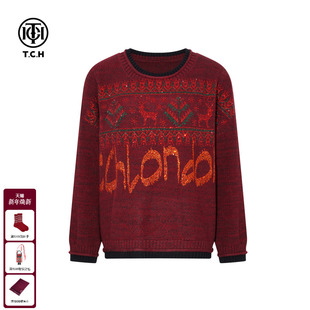 烫钻复古红休闲宽松毛衣针织衫 时尚 女T75D09E5070 新款 TCH2025冬季