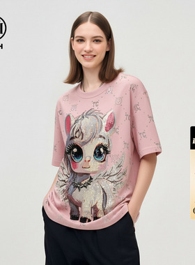 TCH甜酷少女感烫钻粉翼小马宽松短袖T恤女2026春夏新款T78B106013