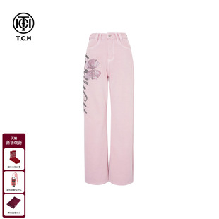 T75D20E1091 新款 TCH私服慵懒风烫钻粉色宽松直筒加绒牛仔裤 女冬季